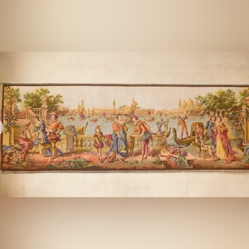 Vintage European Aubusson Style Woven Wall Tapestry Italy Harbor Scene 20”x57”